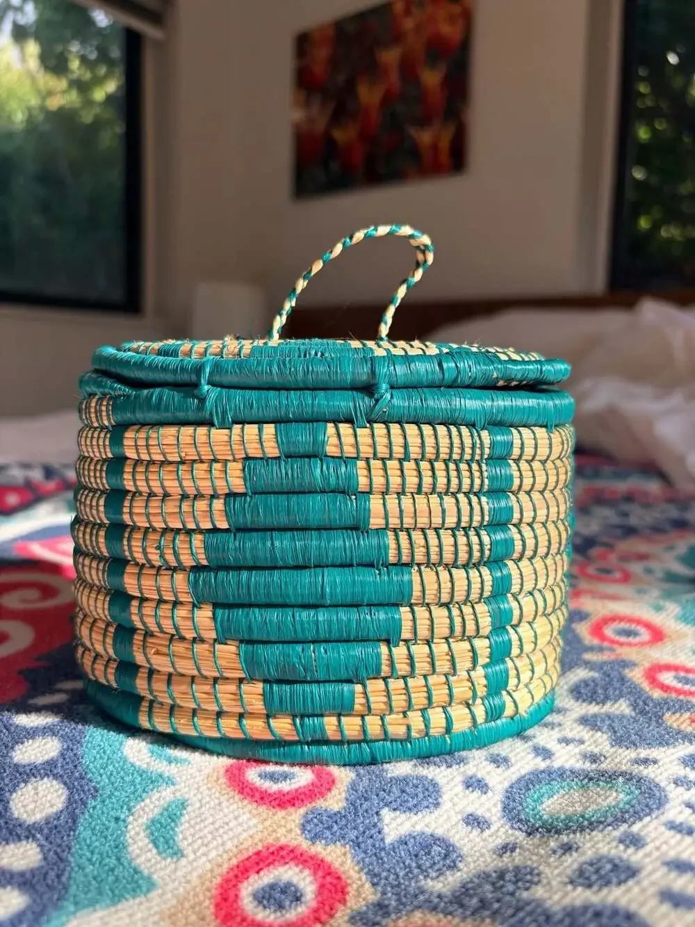 Handwoven Maya Teal and Natural Pine Needle Geometric Basket with Lid